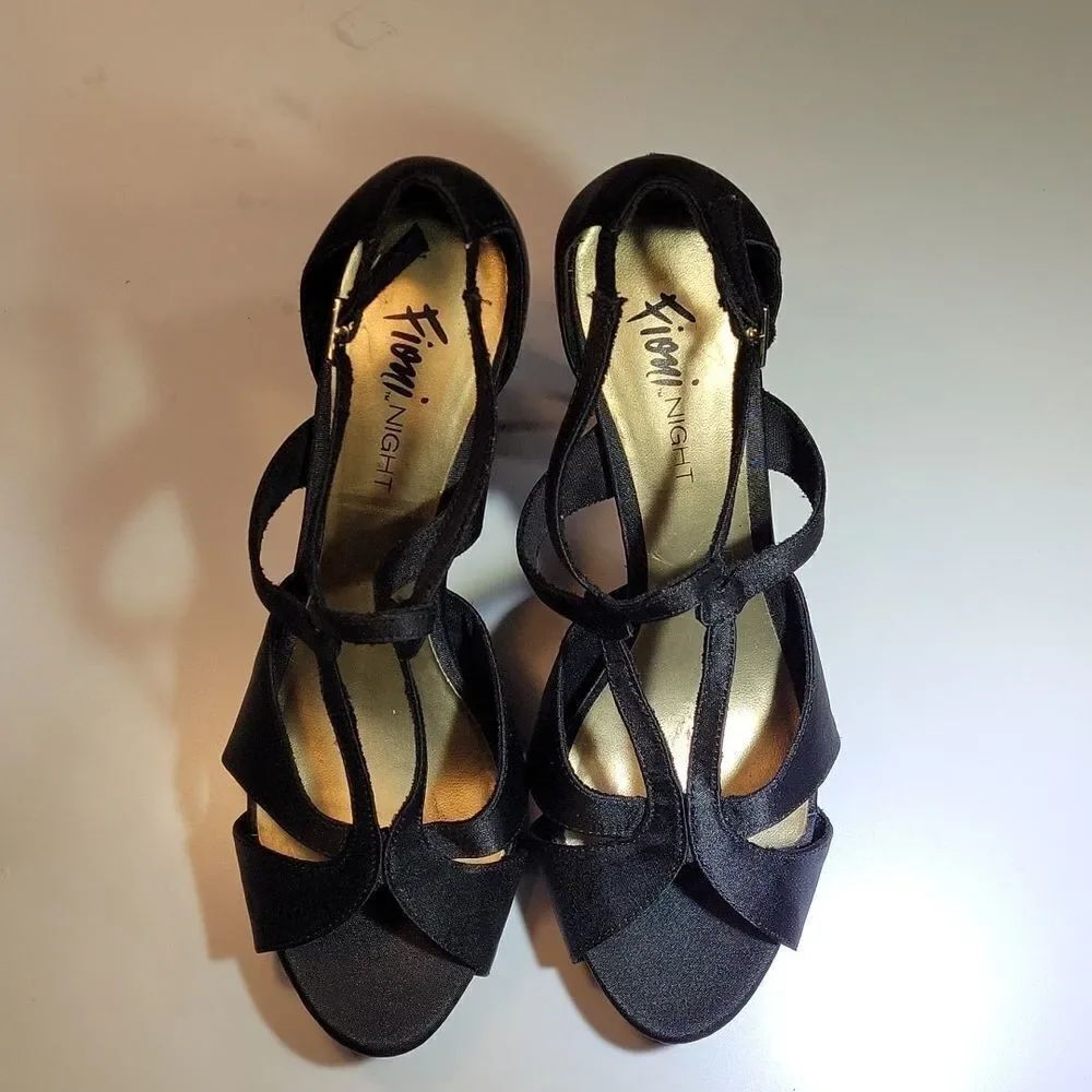 FIONI NIGHT HIGH HEEL STRAPPY BLACK SATIN PEEP TOE PUMPS SANDAL